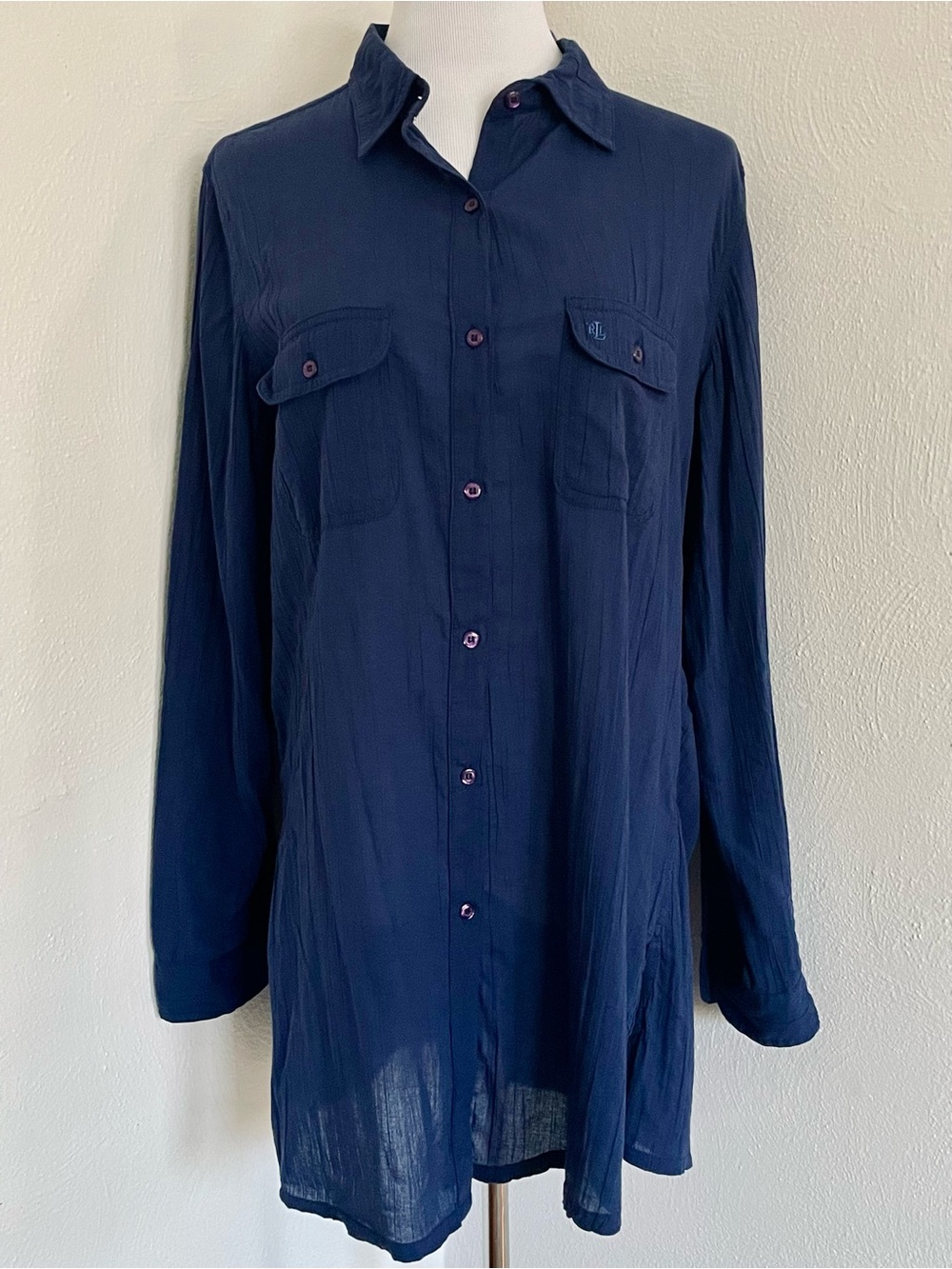 Lauren Ralph Lauren Navy Blue Crinkle Shirt Tunic Top Size L